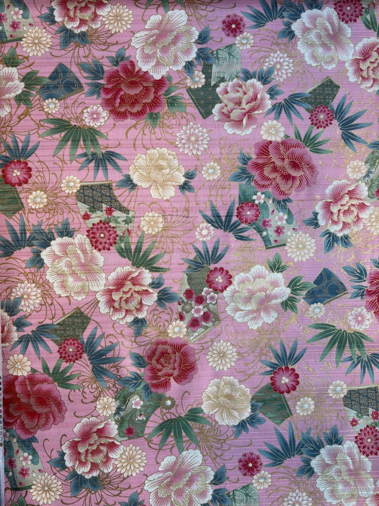 Peonien & Fächer in Leinenoptik - gold rosa