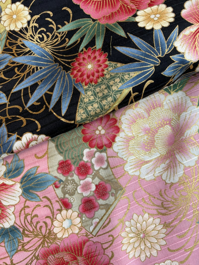 Peonien & Fächer in Leinenoptik - gold rosa