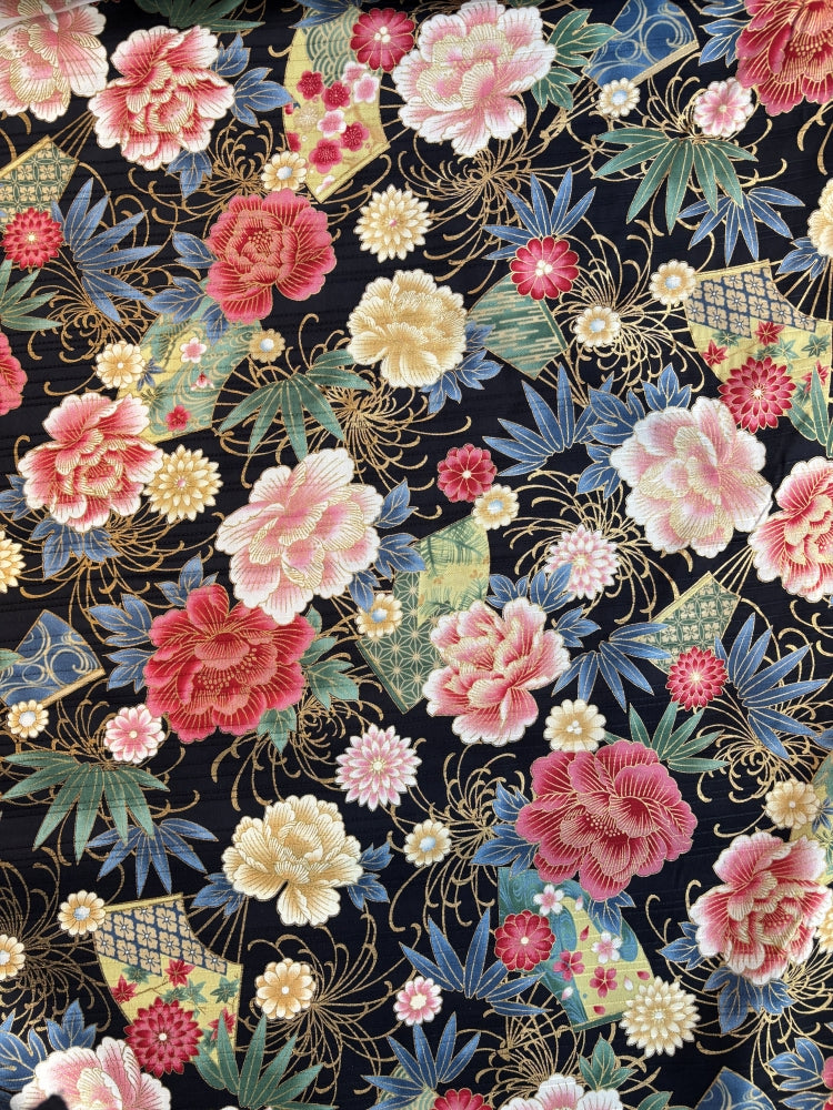 Peonien & Fächer in Leinenoptik - gold schwarz