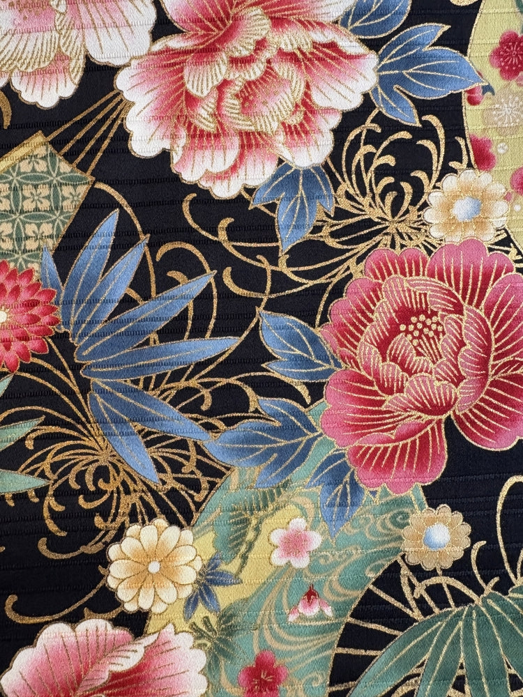 Peonien & Fächer in Leinenoptik - gold schwarz