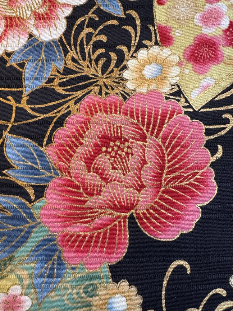 Peonien & Fächer in Leinenoptik - gold schwarz