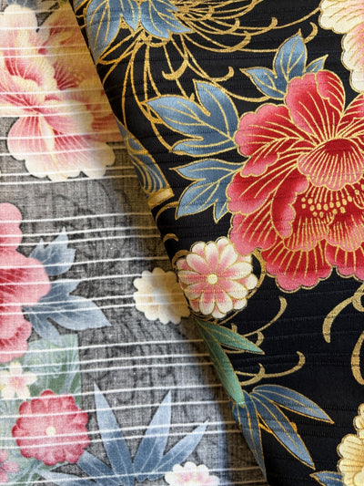 Peonien & Fächer in Leinenoptik - gold schwarz