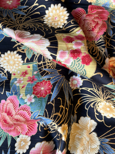 Peonien & Fächer in Leinenoptik - gold schwarz