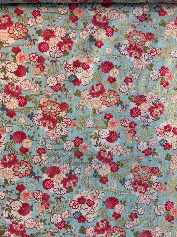 Hokkoh Frühlingsblüten - Leinenoptik - hellblau gold