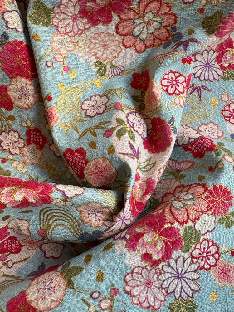 Hokkoh Frühlingsblüten - Leinenoptik - hellblau gold