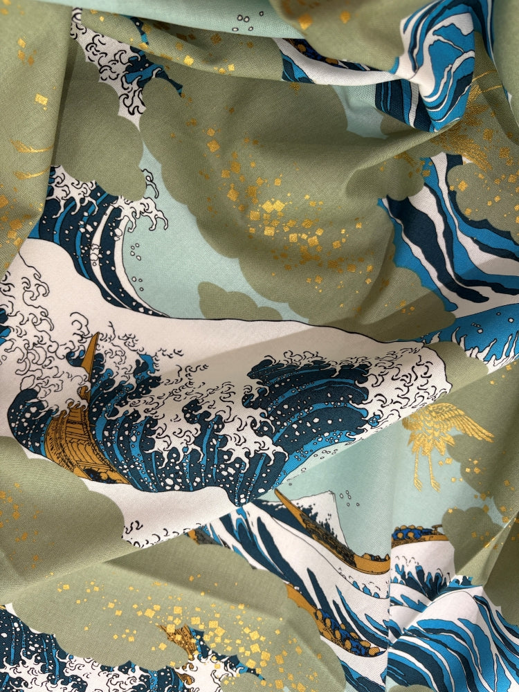 Hokusai Welle/ Goldkranich - grün