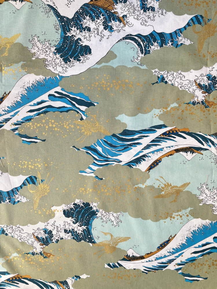 Hokusai Welle/ Goldkranich - grün