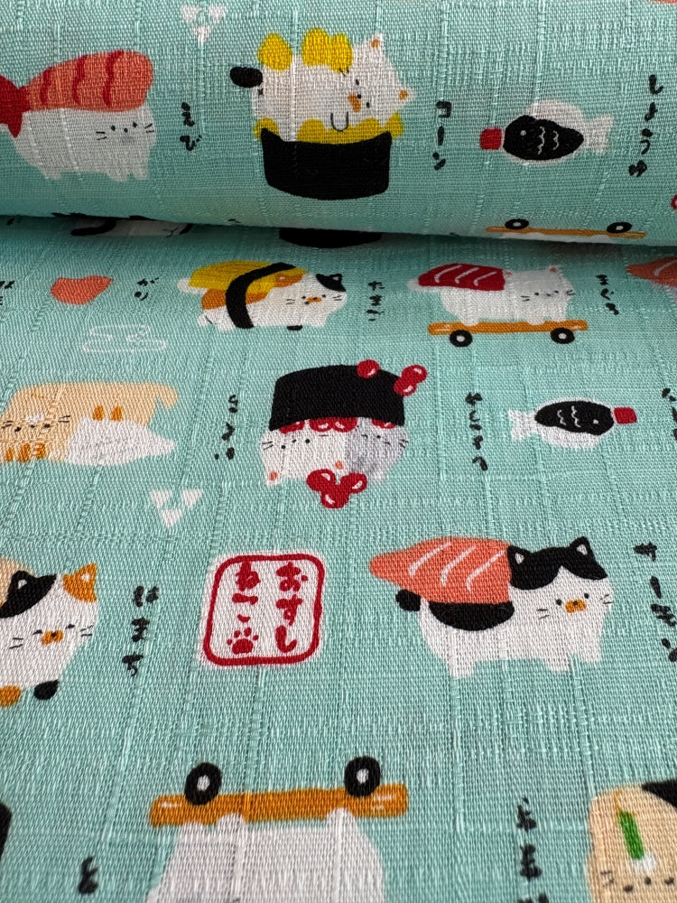 Kokka Sushi-Katzen - Leinenoptik - helltürkis