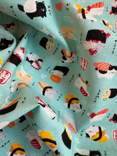 Kokka Sushi-Katzen - Leinenoptik - helltürkis